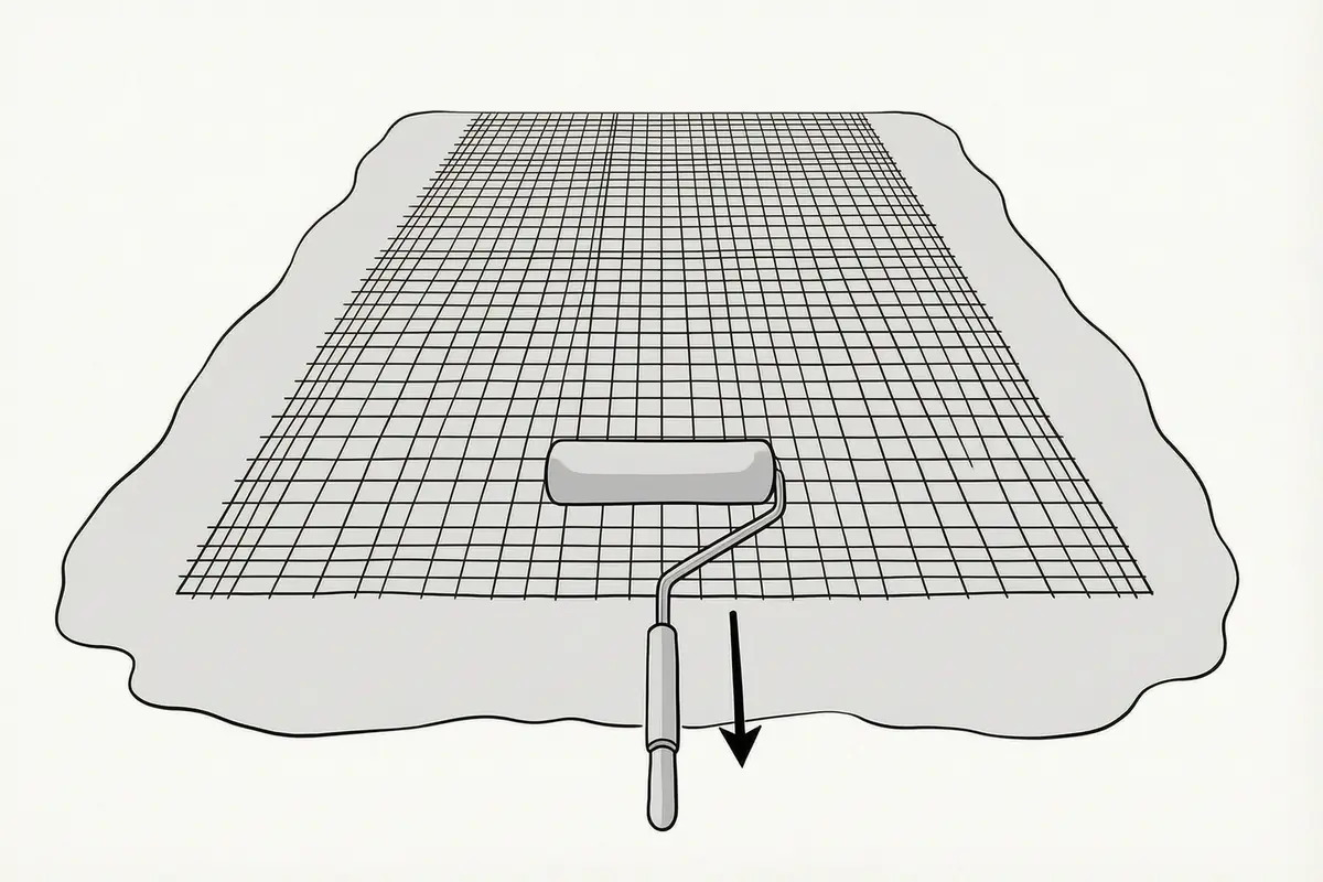 Close view of a mesh roller pressing fibreglass mesh into wet primer on a floor, with one bold arrow showing the rolling direction